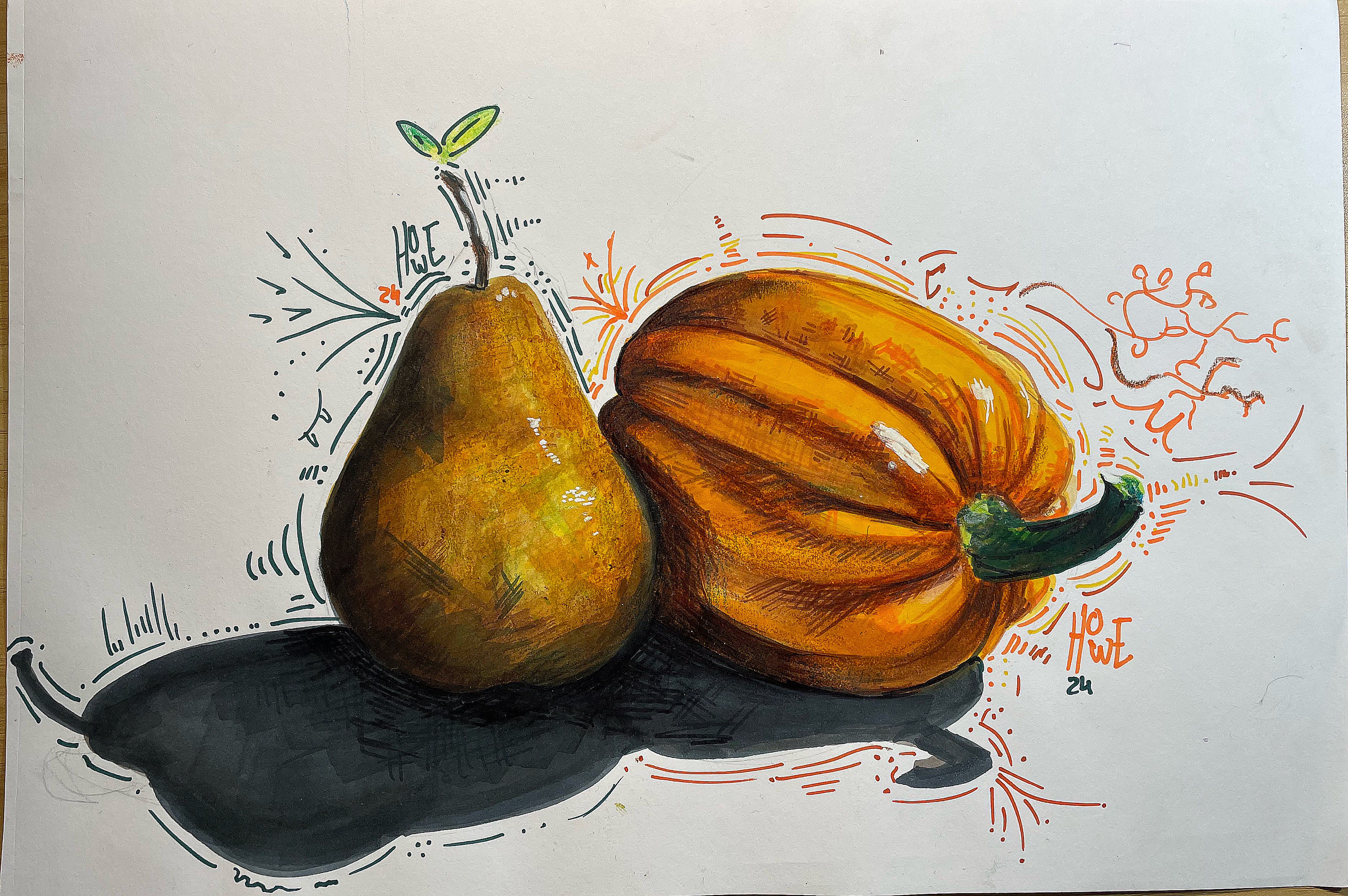 Bodegon de un pera y una calabaza en un fondo blanco