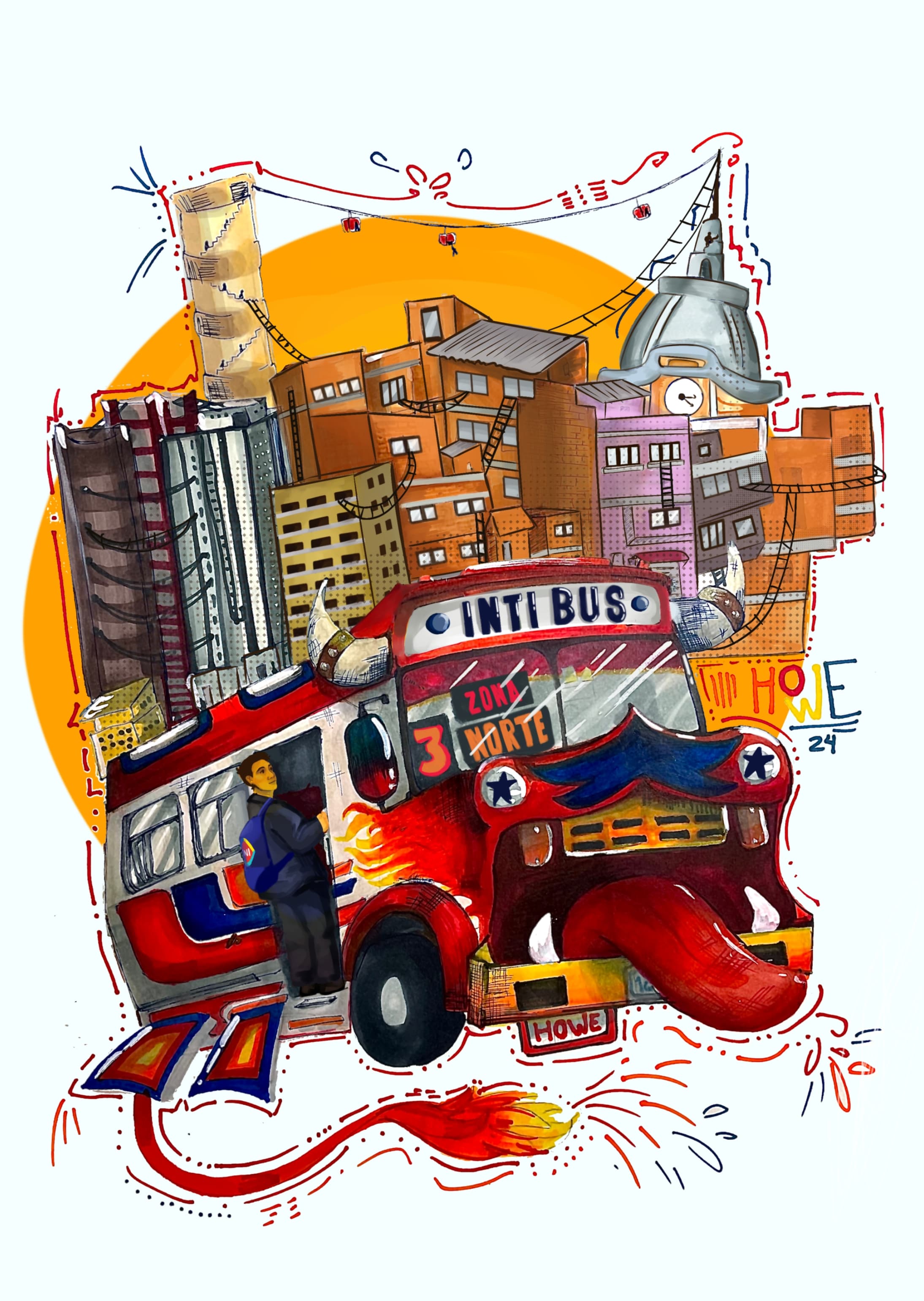 Ilustracion Microbus Boliviano sacando la lengua